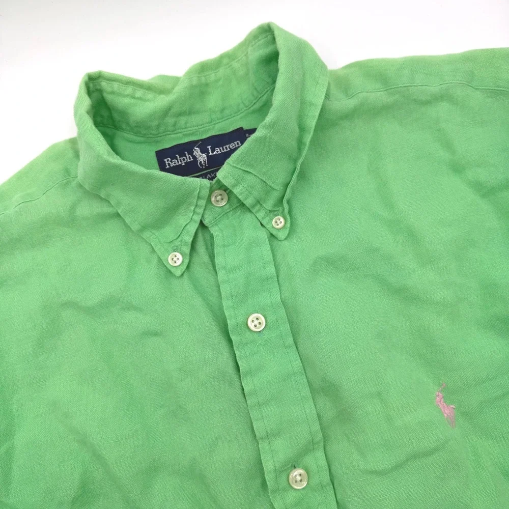 Polo Ralph Lauren Blake Shirt Large Green 100% Linen Short Sleeve Button Down